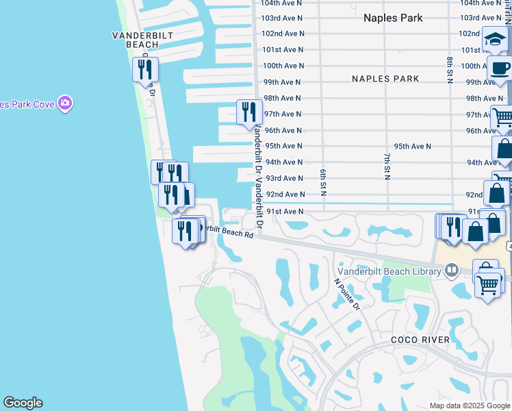 map of restaurants, bars, coffee shops, grocery stores, and more near 9101 Vanderbilt Drive in Naples