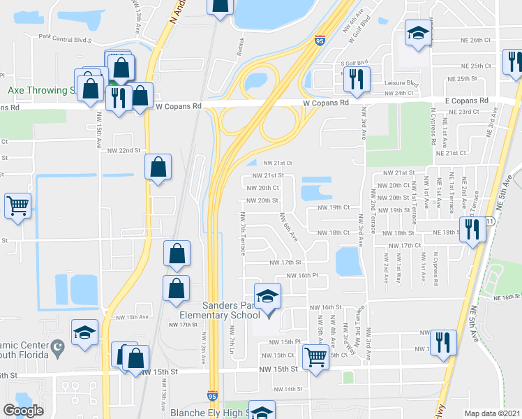 map of restaurants, bars, coffee shops, grocery stores, and more near 649 Northwest 19th Street in Pompano Beach
