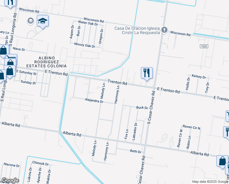 map of restaurants, bars, coffee shops, grocery stores, and more near 4407 Harmony Lane in Edinburg