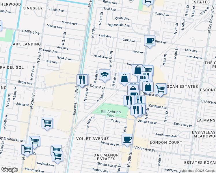 map of restaurants, bars, coffee shops, grocery stores, and more near 1410 West Dove Avenue in McAllen