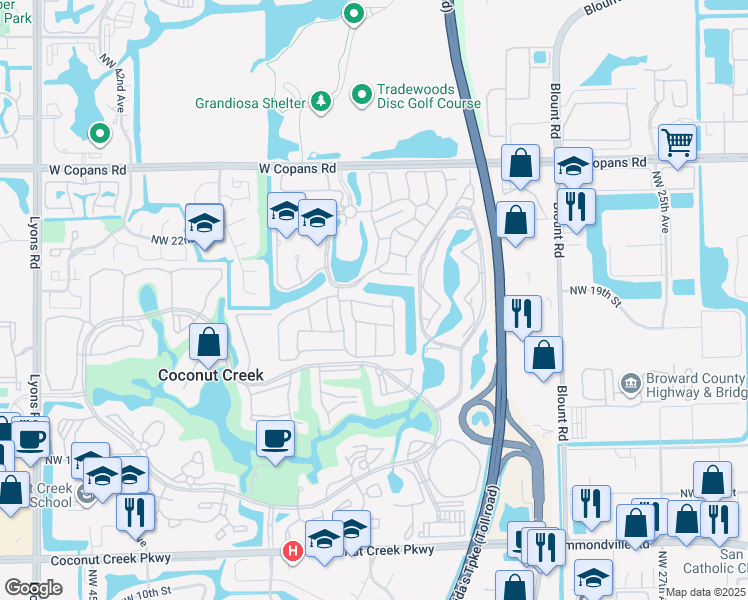 map of restaurants, bars, coffee shops, grocery stores, and more near 3461 Northwest 21st Street in Coconut Creek