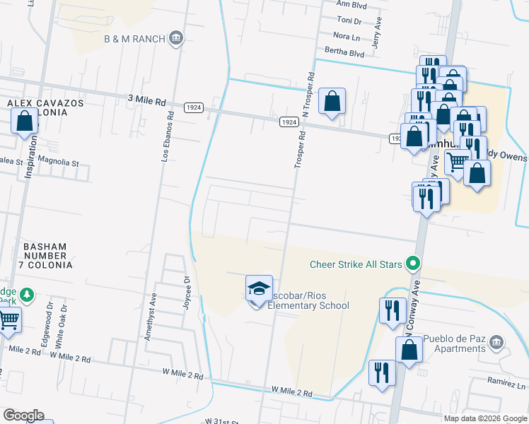 map of restaurants, bars, coffee shops, grocery stores, and more near 3421 Trosper Road in Mission
