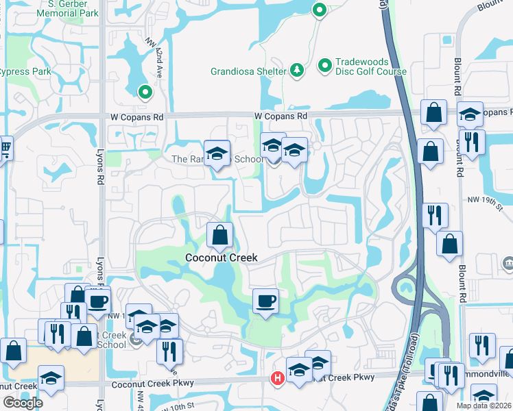 map of restaurants, bars, coffee shops, grocery stores, and more near 3910 Northwest 20th Street in Coconut Creek