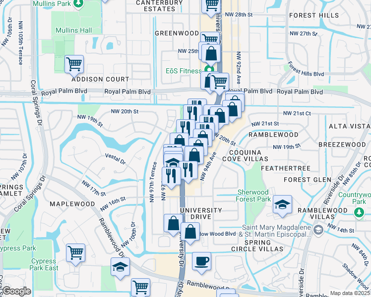 map of restaurants, bars, coffee shops, grocery stores, and more near 1890 North University Drive in Coral Springs