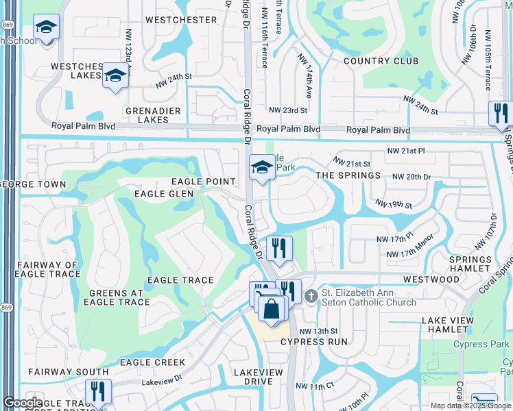 map of restaurants, bars, coffee shops, grocery stores, and more near 11702 Northwest 19th Drive in Coral Springs