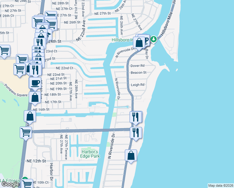 map of restaurants, bars, coffee shops, grocery stores, and more near 1802 North Riverside Drive in Pompano Beach