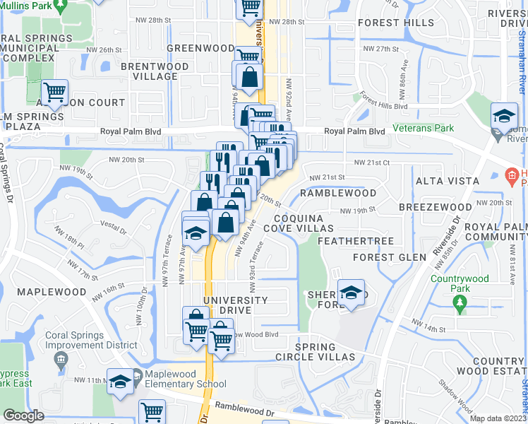 map of restaurants, bars, coffee shops, grocery stores, and more near 1871 Northwest 94th Avenue in Coral Springs