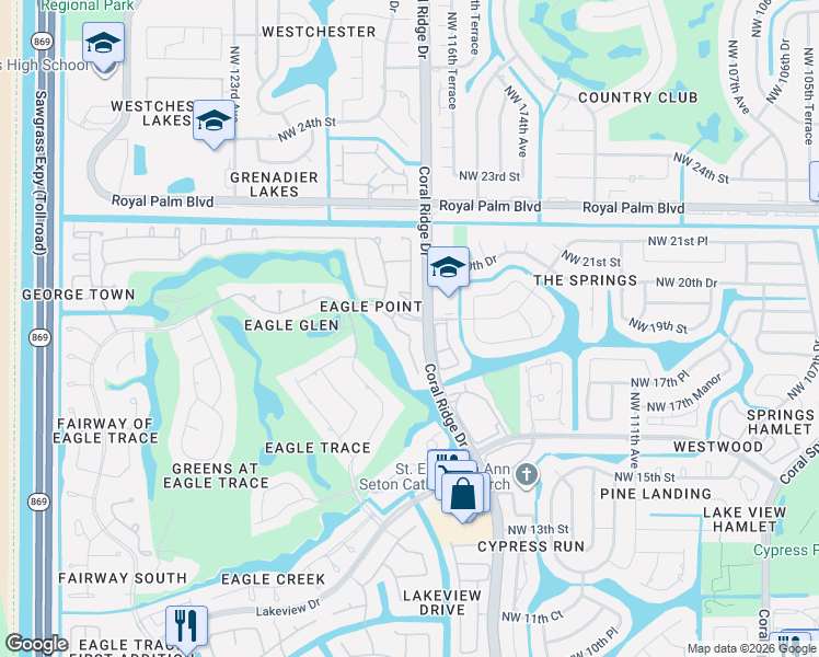 map of restaurants, bars, coffee shops, grocery stores, and more near 1853 Monte Carlo Way in Coral Springs