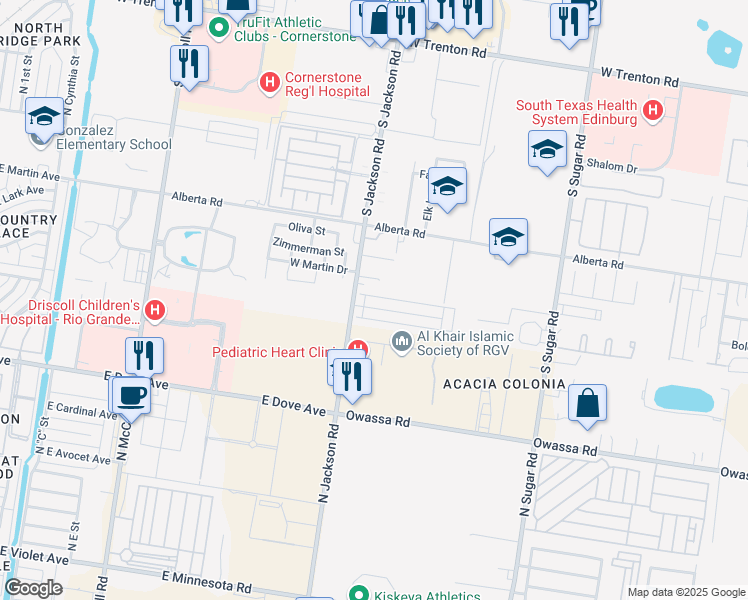 map of restaurants, bars, coffee shops, grocery stores, and more near 2123 West Western Drive in Edinburg