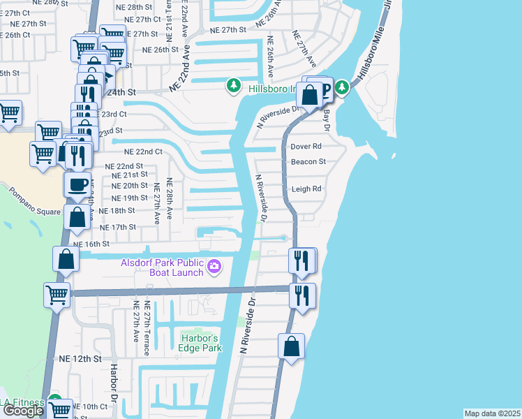 map of restaurants, bars, coffee shops, grocery stores, and more near 1802 North Riverside Drive in Pompano Beach