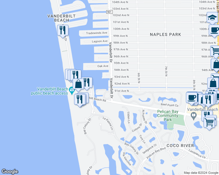 map of restaurants, bars, coffee shops, grocery stores, and more near 9101 Vanderbilt Drive in Naples