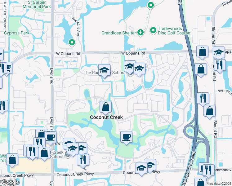 map of restaurants, bars, coffee shops, grocery stores, and more near 2021 Northwest 40th Avenue in Coconut Creek