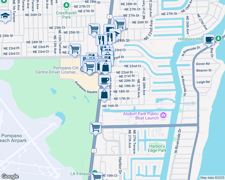 map of restaurants, bars, coffee shops, grocery stores, and more near 2450 Northeast 18th Street in Pompano Beach
