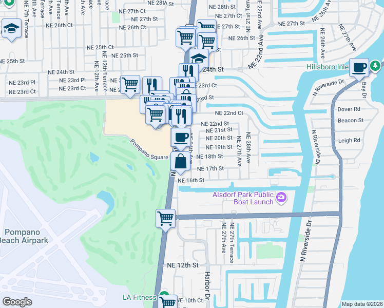 map of restaurants, bars, coffee shops, grocery stores, and more near 2450 Northeast 18th Street in Pompano Beach