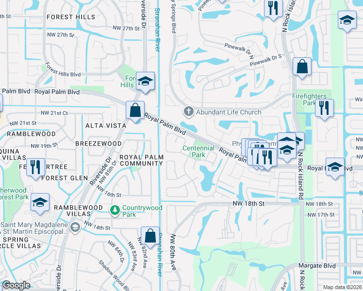 map of restaurants, bars, coffee shops, grocery stores, and more near 1900 Northwest 79th Avenue in Margate