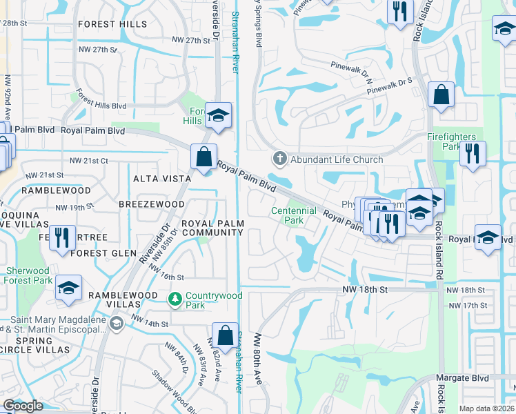 map of restaurants, bars, coffee shops, grocery stores, and more near 1921 Northwest 80th Avenue in Margate
