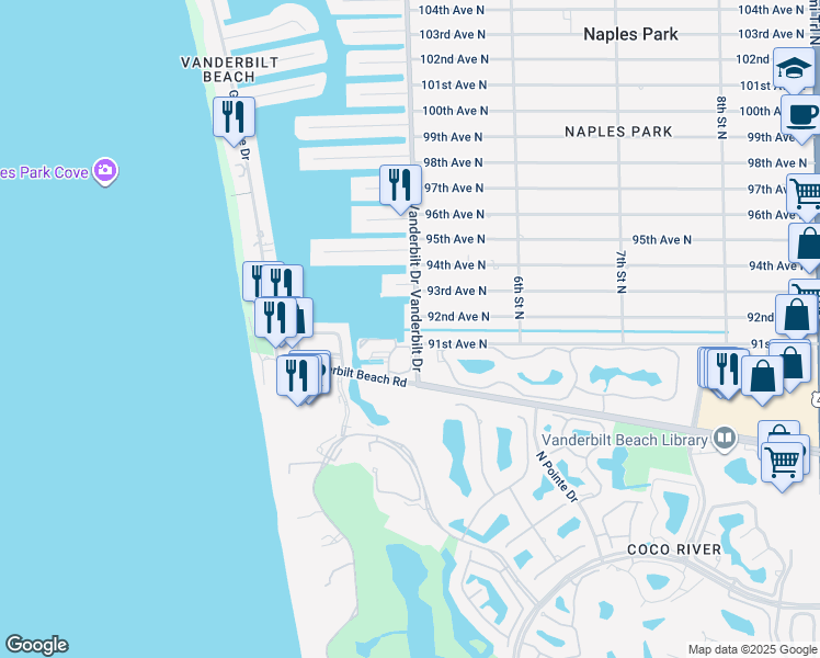 map of restaurants, bars, coffee shops, grocery stores, and more near 9101 Vanderbilt Drive in Naples