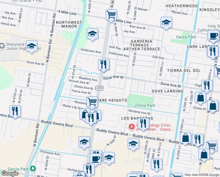 map of restaurants, bars, coffee shops, grocery stores, and more near 5308 North Ware Road in McAllen