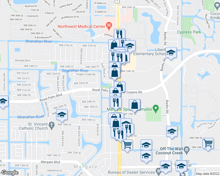 map of restaurants, bars, coffee shops, grocery stores, and more near 5801 Royal Palm Boulevard in Margate