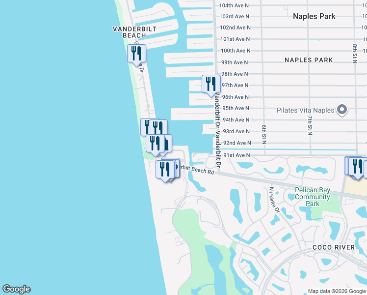 map of restaurants, bars, coffee shops, grocery stores, and more near 260 Southbay Drive in Naples