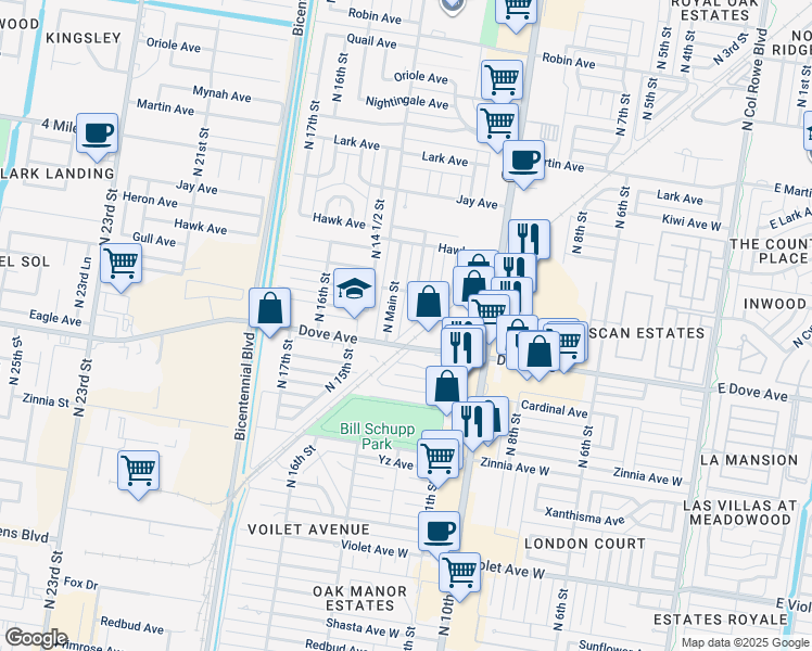 map of restaurants, bars, coffee shops, grocery stores, and more near 5609 North Broadway Street in McAllen