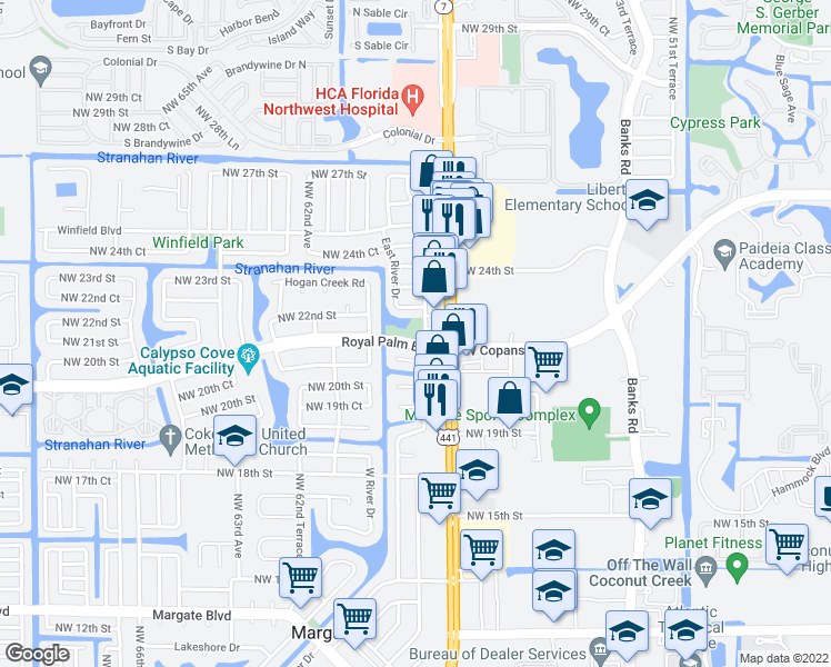 map of restaurants, bars, coffee shops, grocery stores, and more near in Pompano Beach