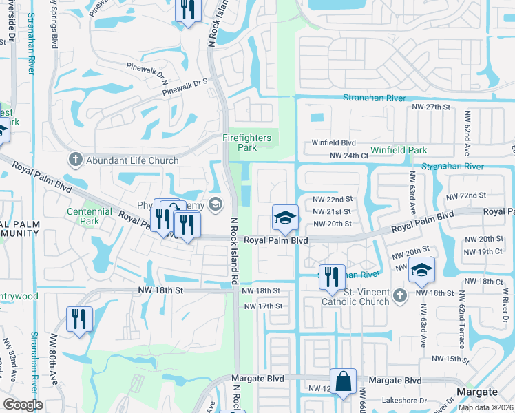 map of restaurants, bars, coffee shops, grocery stores, and more near 7041 Northwest 20th Court in Margate