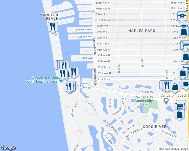 map of restaurants, bars, coffee shops, grocery stores, and more near 9101 Vanderbilt Drive in Naples