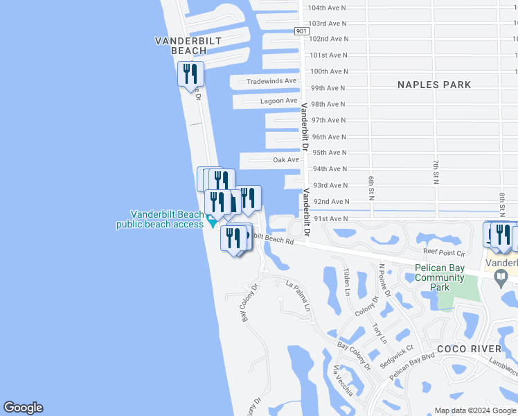 map of restaurants, bars, coffee shops, grocery stores, and more near 260 Southbay Drive in Naples