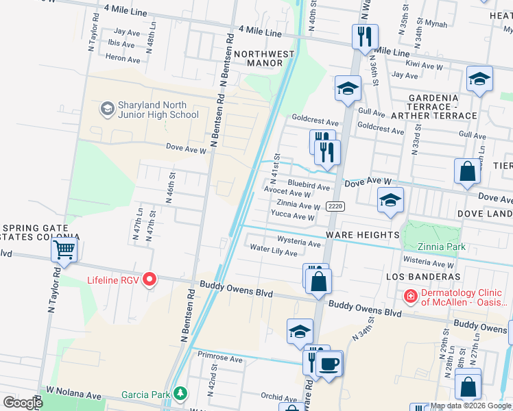 map of restaurants, bars, coffee shops, grocery stores, and more near 4124 Xanthisma Avenue West in McAllen