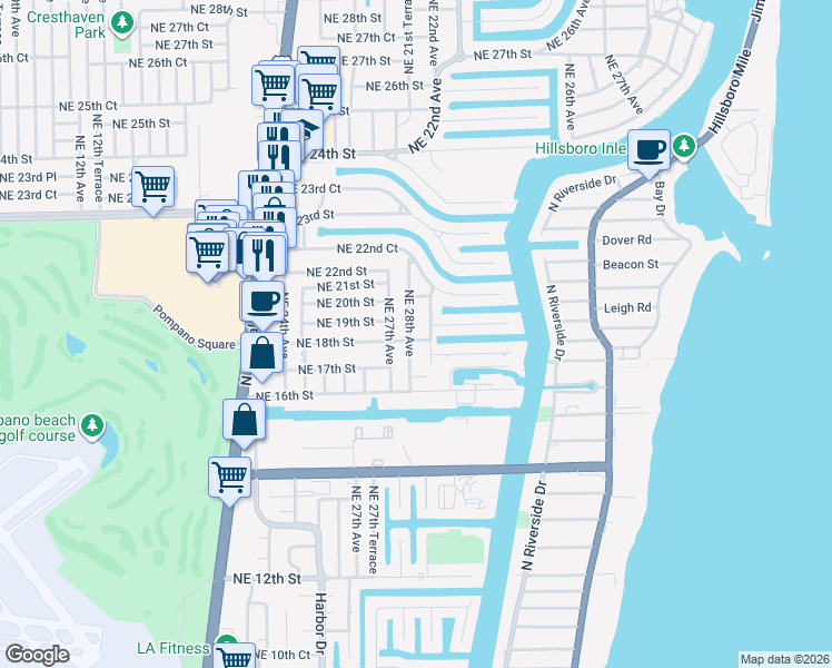 map of restaurants, bars, coffee shops, grocery stores, and more near 2800 Northeast 18th Street in Pompano Beach