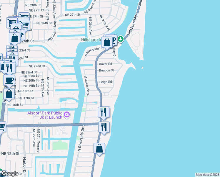 map of restaurants, bars, coffee shops, grocery stores, and more near 1802 Bay Drive in Pompano Beach