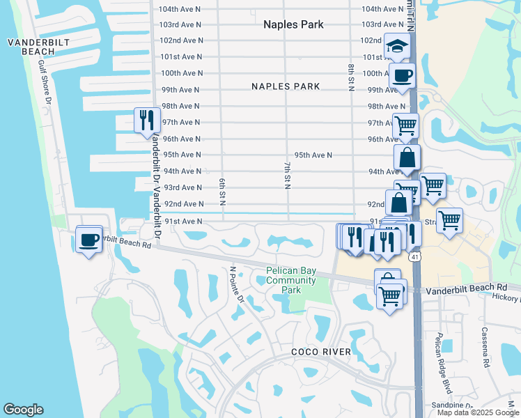 map of restaurants, bars, coffee shops, grocery stores, and more near 641 91st Avenue North in Naples