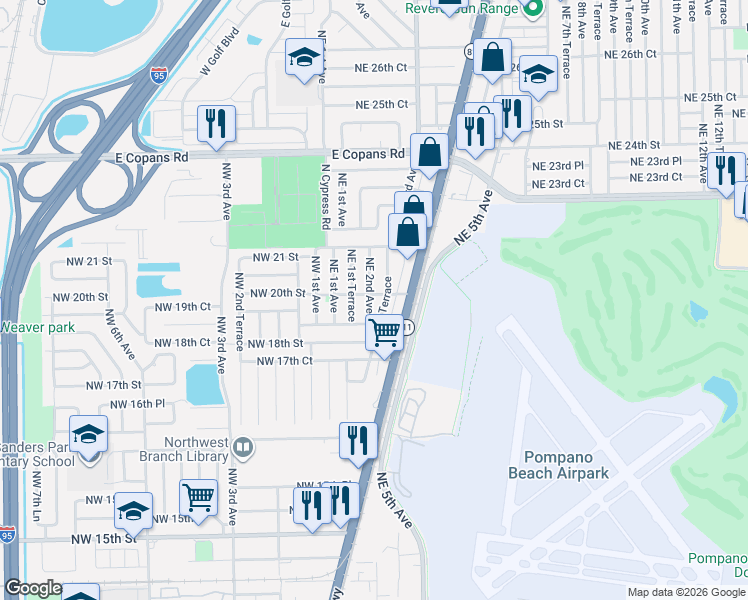 map of restaurants, bars, coffee shops, grocery stores, and more near 1910 Northeast 2nd Avenue in Pompano Beach