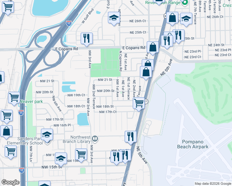map of restaurants, bars, coffee shops, grocery stores, and more near 1910 Northwest 1st Terrace in Pompano Beach