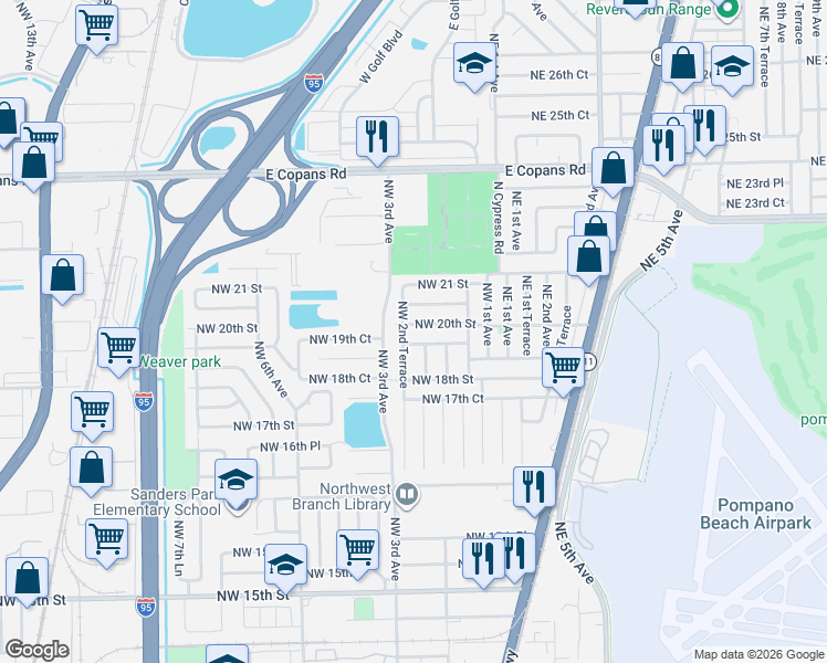 map of restaurants, bars, coffee shops, grocery stores, and more near 1861 Northwest 2nd Terrace in Pompano Beach