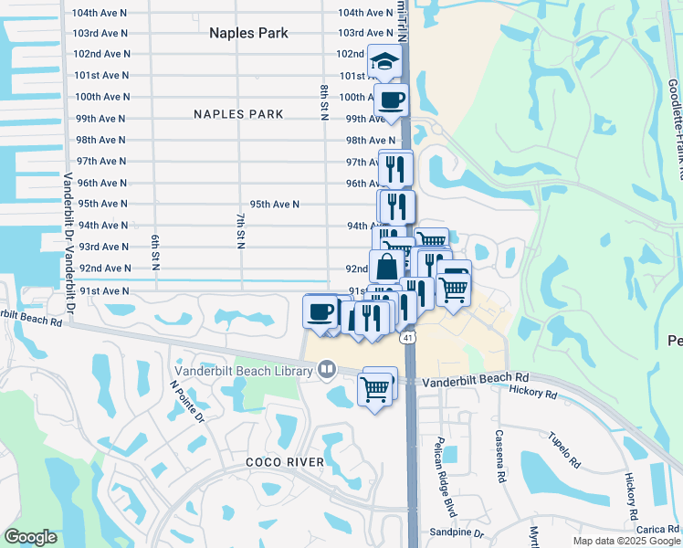 map of restaurants, bars, coffee shops, grocery stores, and more near 821 91st Avenue North in Naples