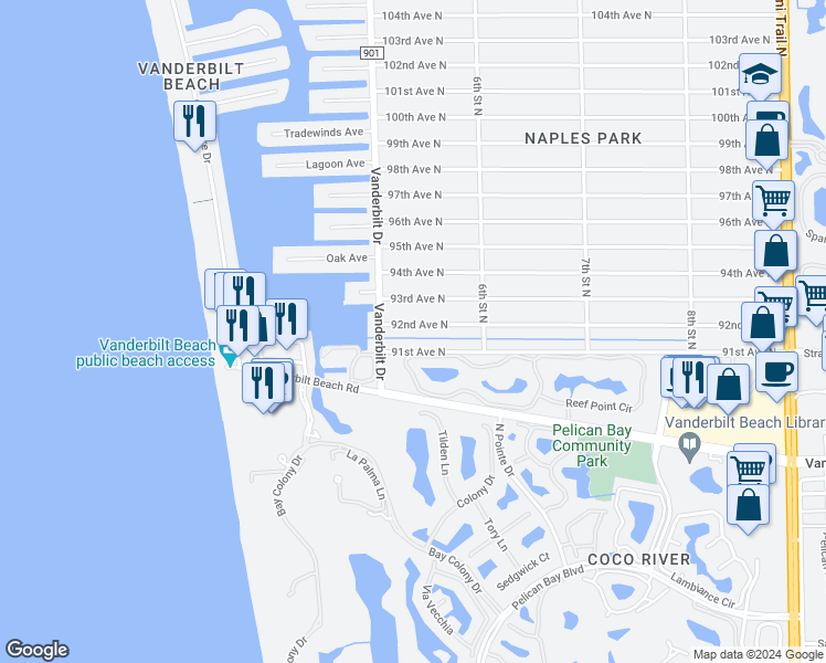 map of restaurants, bars, coffee shops, grocery stores, and more near 528 92nd Avenue North in Naples