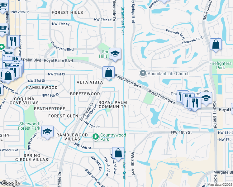 map of restaurants, bars, coffee shops, grocery stores, and more near 1938 Northwest 81st Avenue in Coral Springs