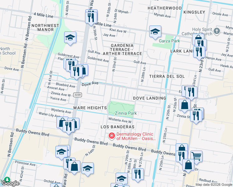 map of restaurants, bars, coffee shops, grocery stores, and more near 5400 North 32nd Street in McAllen
