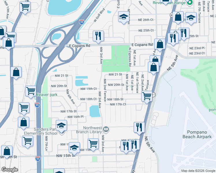 map of restaurants, bars, coffee shops, grocery stores, and more near 1861 Northwest 2nd Terrace in Pompano Beach