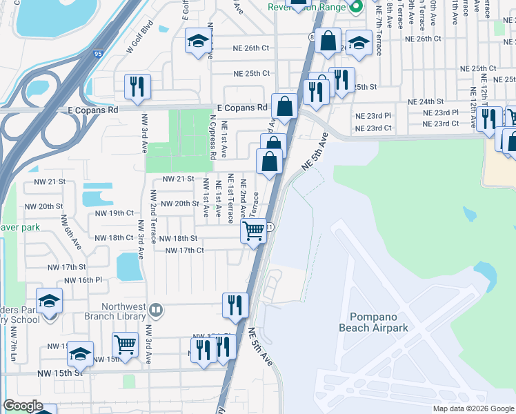 map of restaurants, bars, coffee shops, grocery stores, and more near 1910 Northeast 2nd Avenue in Pompano Beach