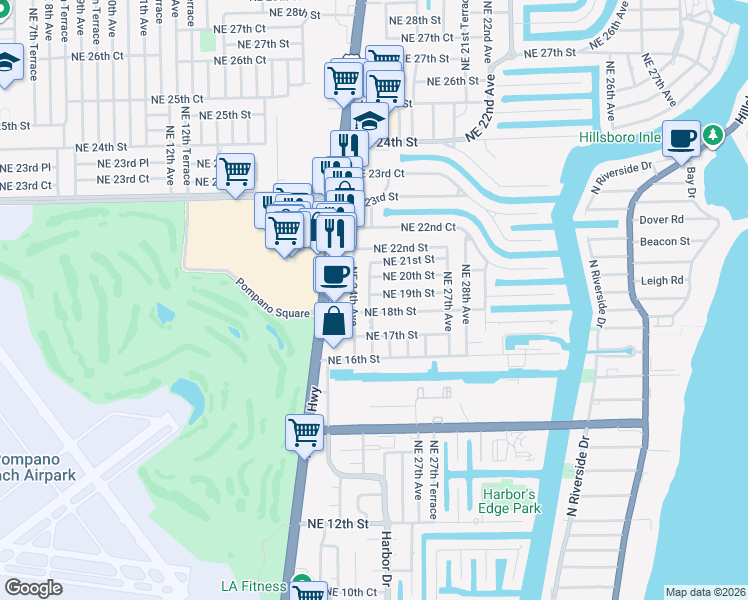 map of restaurants, bars, coffee shops, grocery stores, and more near 2450 Northeast 18th Street in Pompano Beach