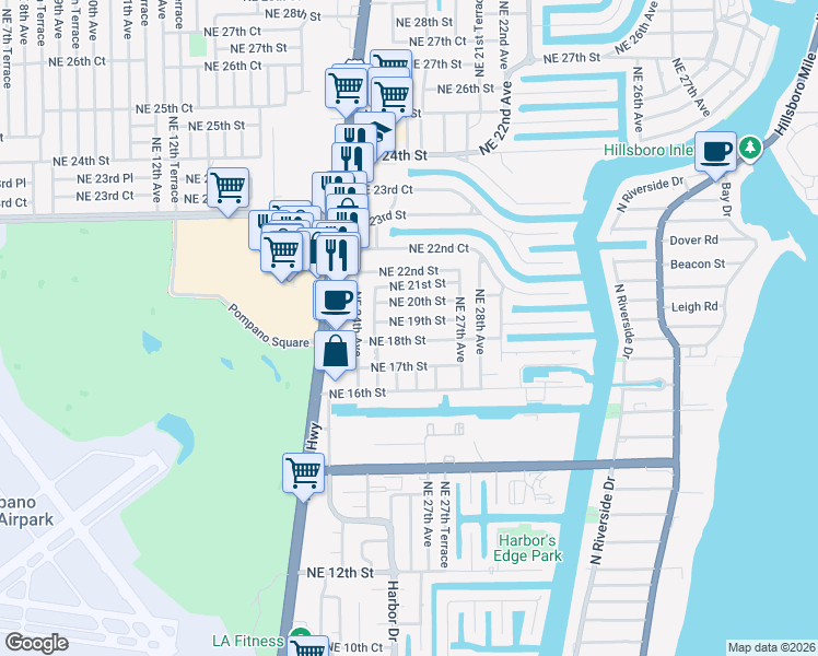 map of restaurants, bars, coffee shops, grocery stores, and more near 2610-2612 Northeast 18th Street in Pompano Beach