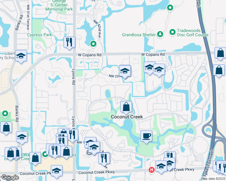 map of restaurants, bars, coffee shops, grocery stores, and more near 2202 Lucaya Bend in Coconut Creek