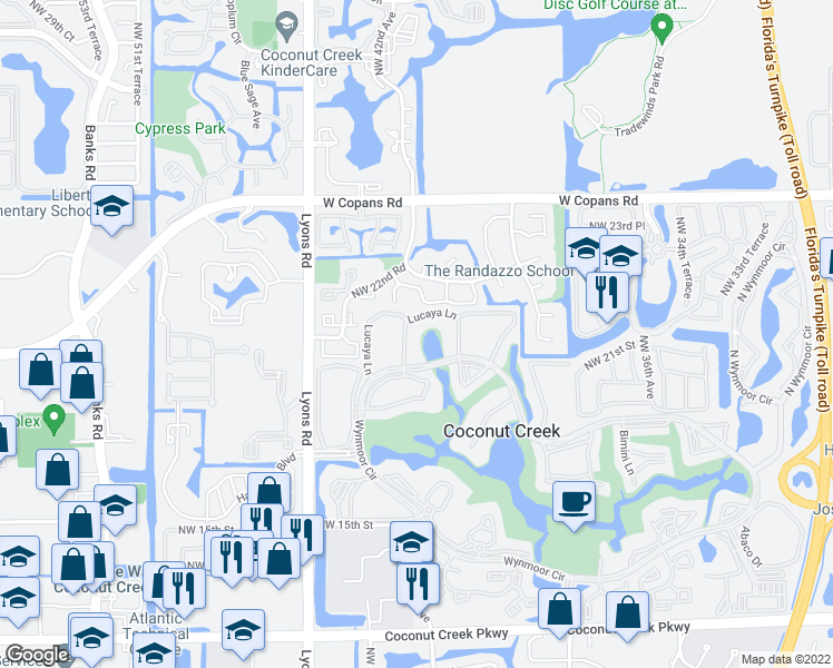 map of restaurants, bars, coffee shops, grocery stores, and more near 2304 Lucaya Lane in Coconut Creek