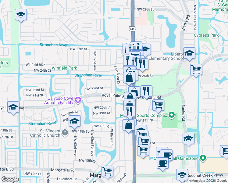 map of restaurants, bars, coffee shops, grocery stores, and more near 6106 Royal Palm Boulevard in Margate