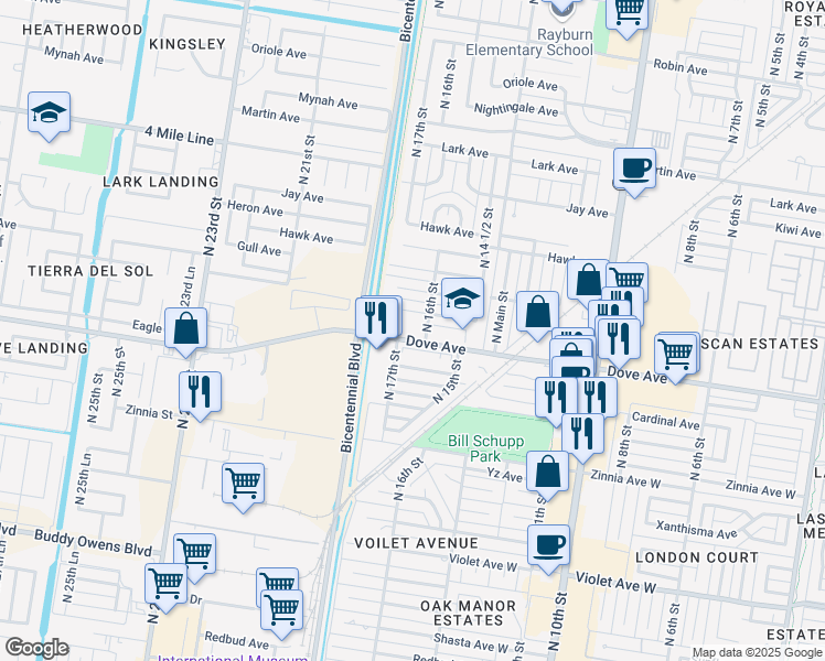 map of restaurants, bars, coffee shops, grocery stores, and more near 1701 West Dove Avenue in McAllen