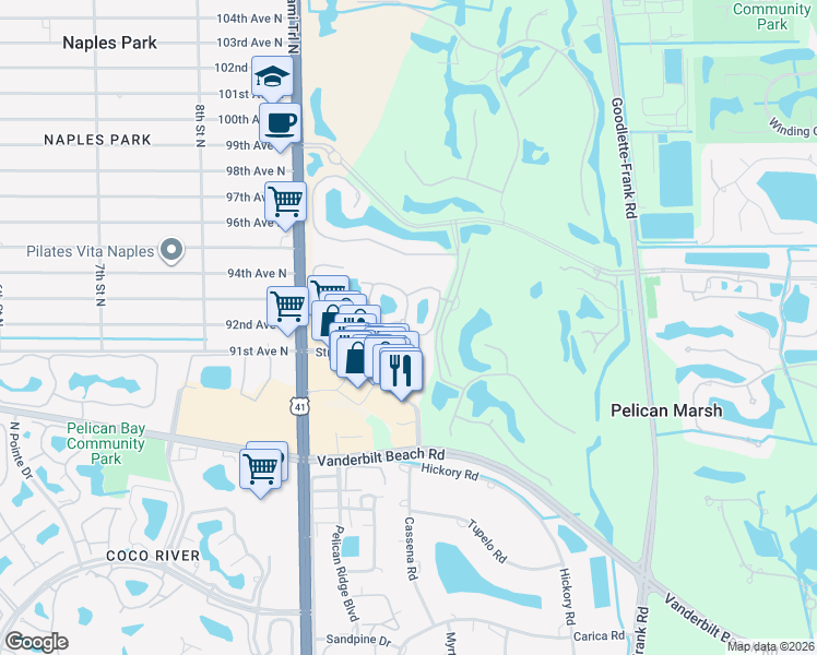 map of restaurants, bars, coffee shops, grocery stores, and more near 1033 Egrets Walk Circle in Naples