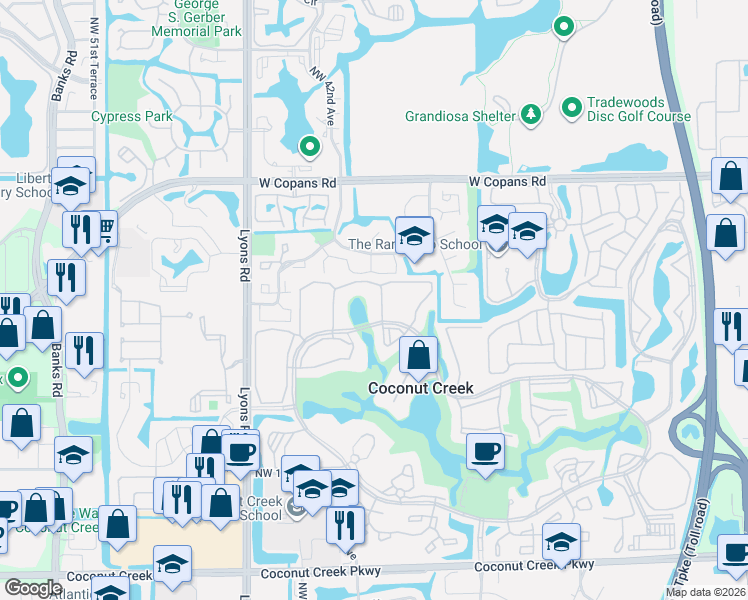 map of restaurants, bars, coffee shops, grocery stores, and more near 2202 Lucaya Bend in Coconut Creek